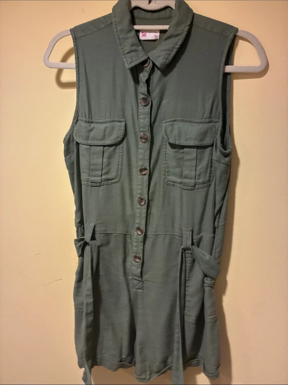 SO Sleeveless Green Military Collared Belted Buttons Pockets Utility Romper L